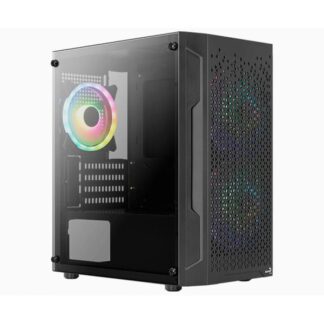 CASE GAMING RGB AEROCOOL TRINITY MINI G-BK-V3 MINI TOWER 1 VENTILADOR DE 120MM Y 2 DE 140MM CON VIDRIO LATERAL Y MALLA FRONTAL ACCS-PV32133.11 NEGRO